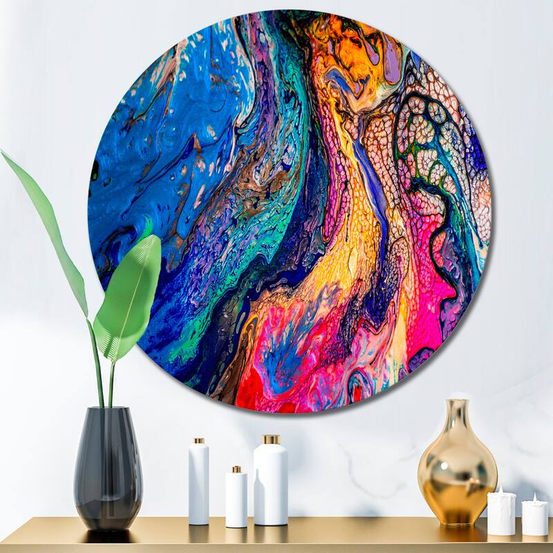 Designart 'Red Blue And Yellow Marble Art Universe' Modern Metal Circle Wall Art - 23x23 - Disc of 23 Inch