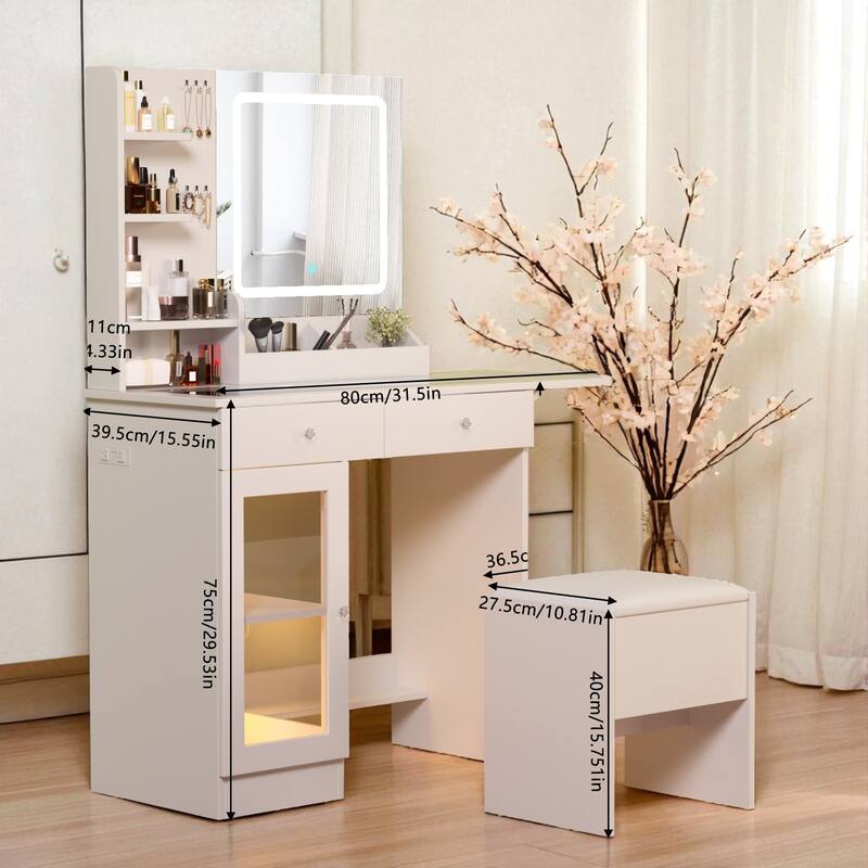 Small Vanity Desk with Glass Top, LED Mirror, USB Charging Ports, Storage Stool, Drawers and Cabinet