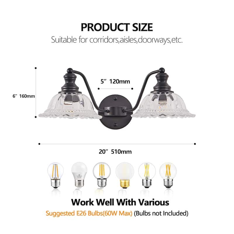 20" 2-Light Black Vintage Vanity - Glass - Bathroom Bedroom (Bulb Not Included)