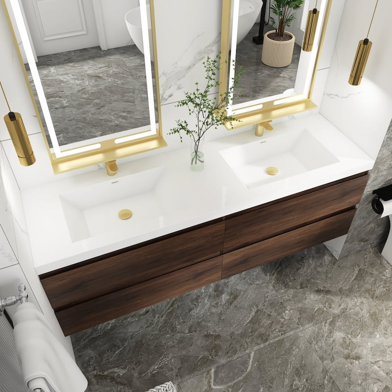 MDF Wall-Mounted Bathroom Vanity Set in Rose Wood with Integrated Culture Marble Sink - 72'' x 20''