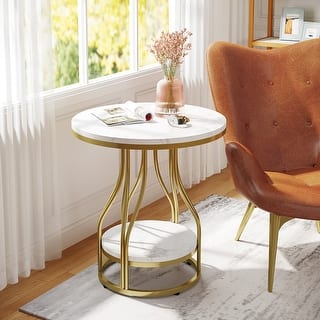 2-Tier Faux Marble Round End Side Table, Modern Nightstand