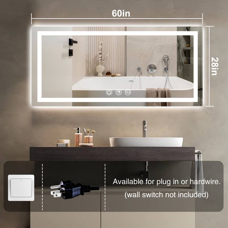 FTL Large LED Bathroom Vanity Mirror Wall Mounted Dimmable Anti-fog,Frameless,3-Color - 32×24in
