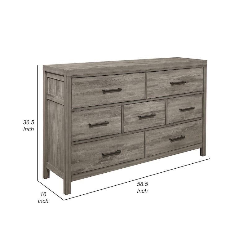 Rie 59 Inch Dresser, 7 Drawers, Weathered Gray Melamine Laminate