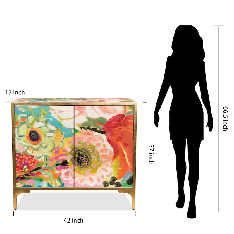"Secret Garden Floral" Cabinet Console Table on Beveled Reverse Printed Art Glass with Iron Gold Leafed Frame