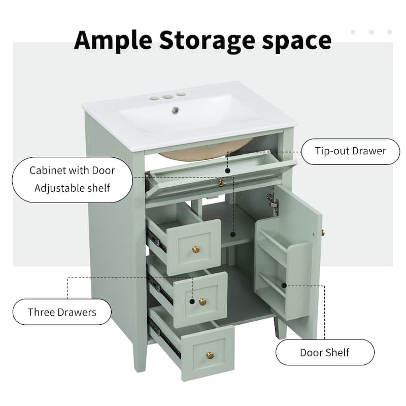 24" Bathroom Vanity with Sink, MDF & Rubberwood Construction, 3 Drawers & Cabinet with Adjustable Shelves