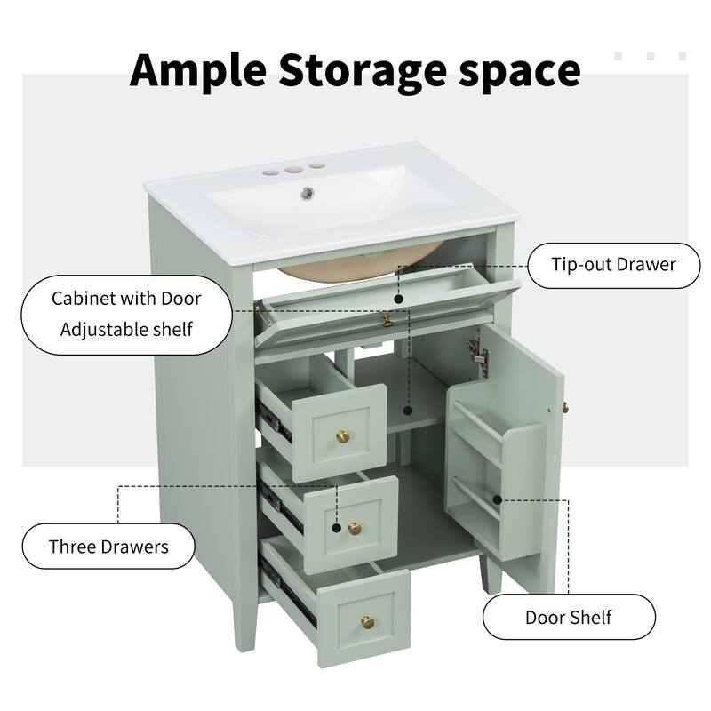 Roomfitters 24" Bathroom Vanity with Sink, Solid Wood Legs, 4 Drawers & Cabinet with Adjustable Shelf