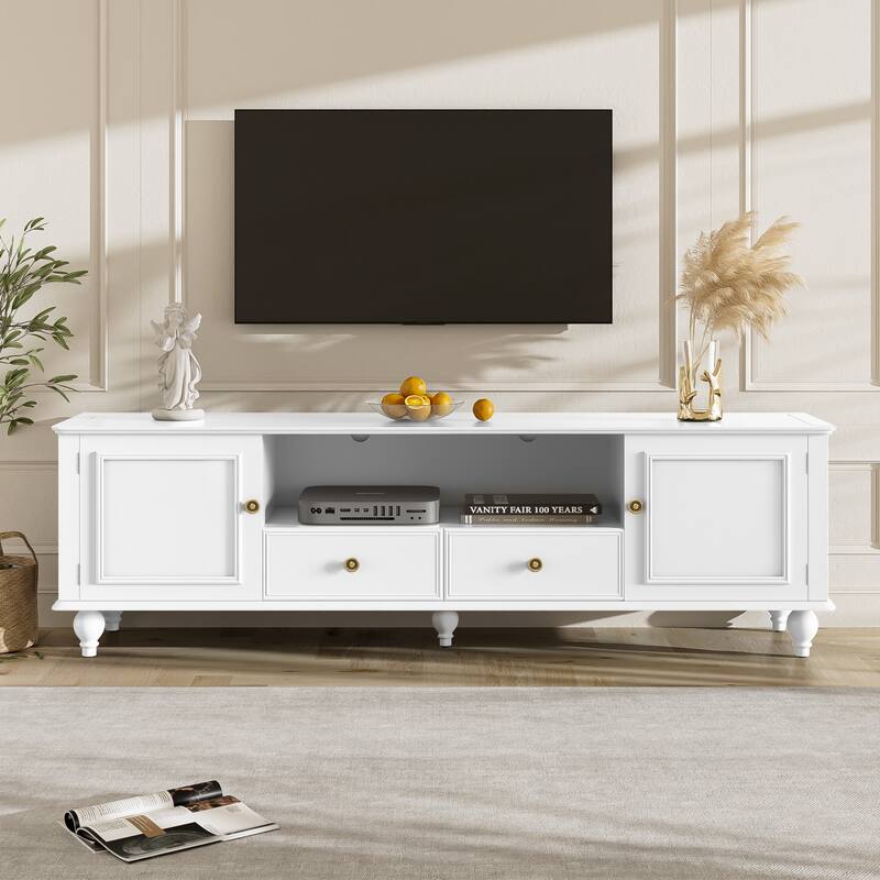 70.9"TV Stand for TVs up to 80 Inches, Entertainment Center with Open Compartment, 2 Drawers, 2 Cabinets and 5 Solid Legs