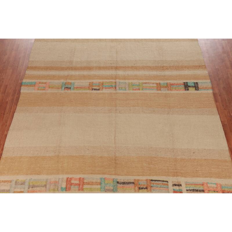 Hand Woven Oriental 100% Jute Carpet Modern Stripe Beige & Ivories Kilim Area Rug - 13' 11'' X 10' 3''