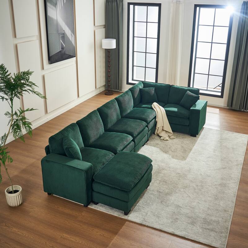 Corduroy Upholstered U-shaped Chaise Sectional Sofa Modular Sleeper Sofa Bed Deep Seat Couch with Ottoman and Pillows