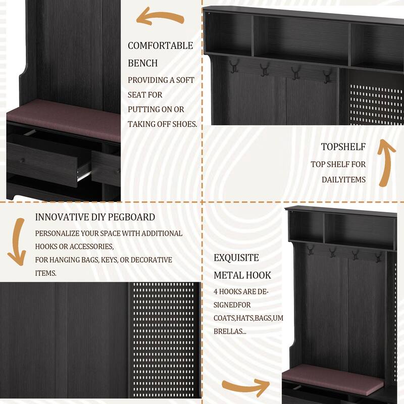 Hall Tree with Shoe Bench, Coat Rack, Shelves and Pegboard