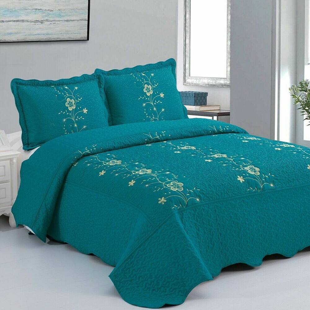 3Pcs Embroidery Quilts Bedspreads Set Bedding Coverlet Queen Teal Bed