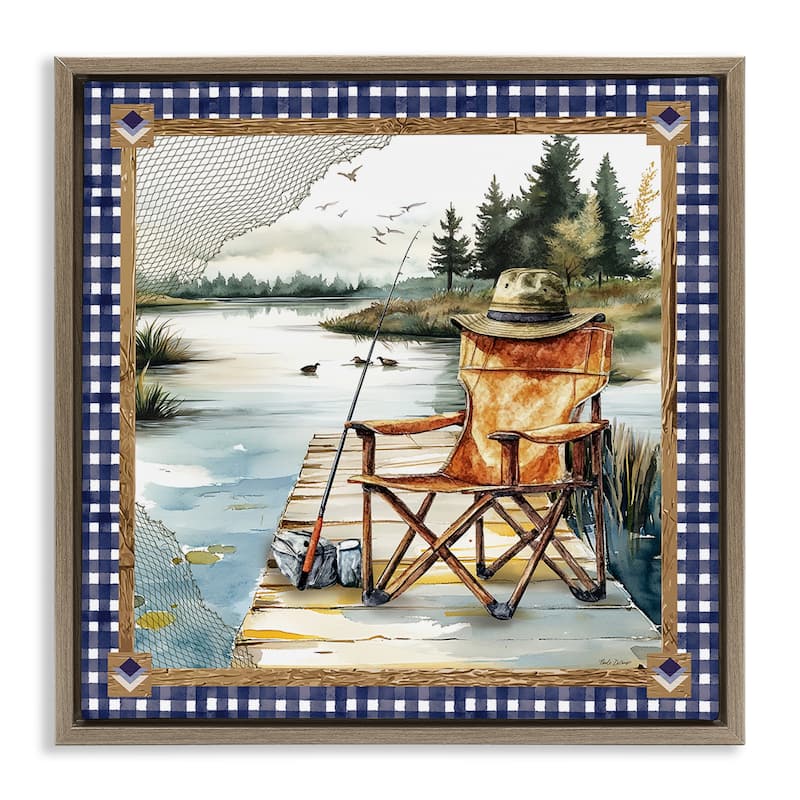 Stupell Fishing Chair on Dock Framed Floater Canvas Wall Art Design By Nicole DeCamp - 25 x 25 - Brown