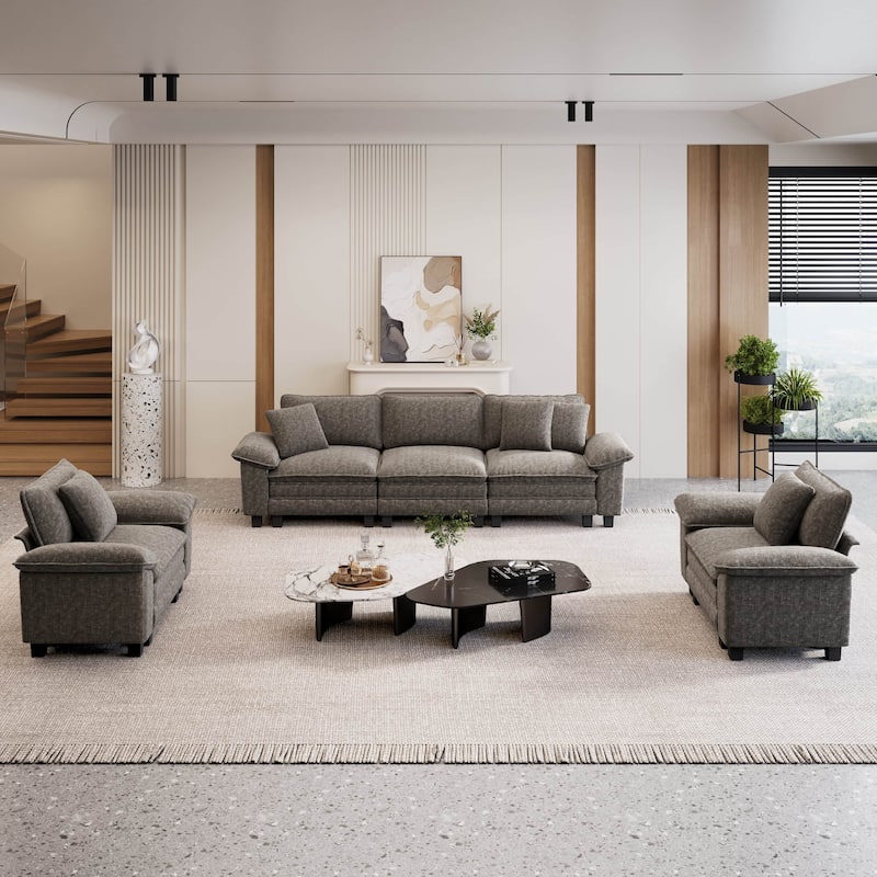 MAISON ARTS 3-Piece Sofa Set for Living Room, Comfy 3-Seater with Loveseat or Armchair, Modular Sectional Couch with Pillows - Smoky Grey ( 5 Seaters ) - Reversible