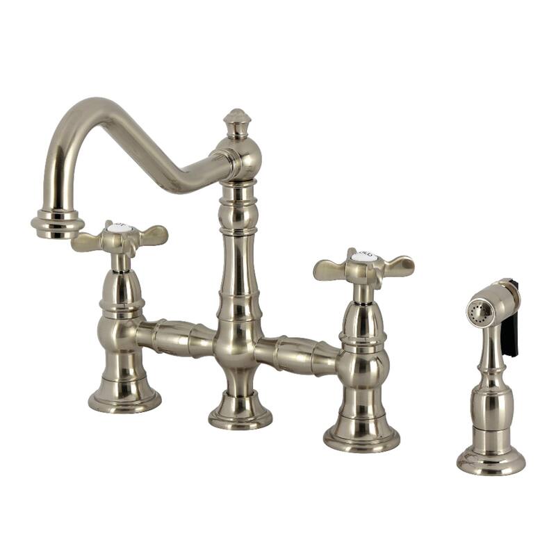 Kingston Brass Essex Two-Handle 4-Hole Deck Mount Bridge Kitchen Faucet with Brass Side Sprayer
