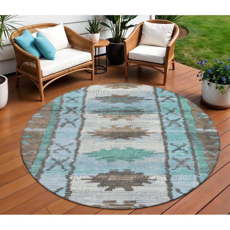 HomeRoots Tribal Transitional Rectangle Outdoor Rug - 8' Round