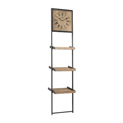 Wood 3 Shelves Wall Shelf with Clock - Brown - Roche River Decor
