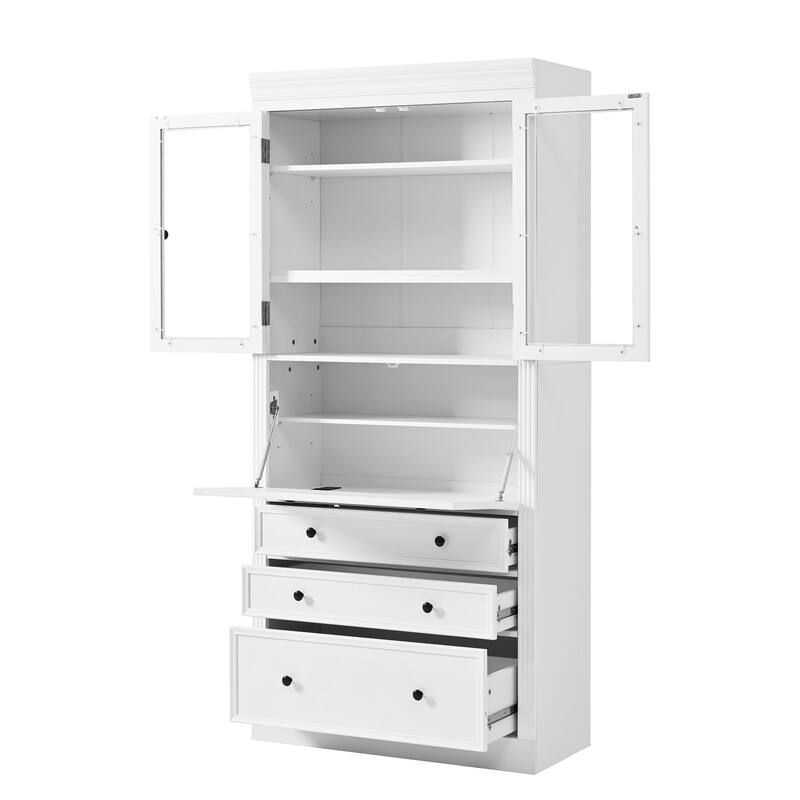 Roomfitters 78 Inch Tall Kitchen Pantry Storage Cabinet with Power Outlet and Drop-Down Surface