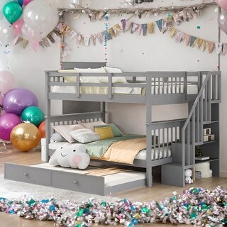 Modern Full Over Full Bunk Bed With Twin size Trundle,Storage and Guard Rail,Solid Construction