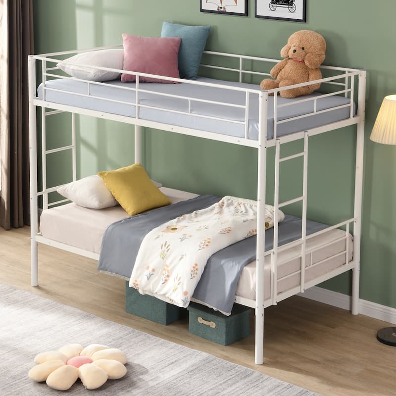 White Metal Bunk Bed with Sturdy Steel Frame, Twin over Twin Design, Easy Assembly, No Box Spring Needed