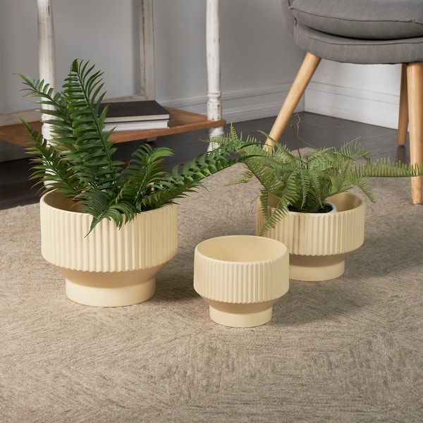 Cream or White Ceramic Wide Planter with Linear Grooves and Tapered Bases (Set of 3) - Cream