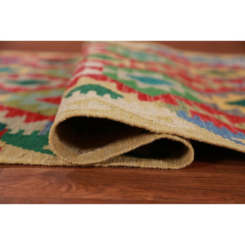 Hand Woven Oriental 100% Wool Carpet Southwestern Geometric Multi-Colored Kilim Runner Rug - 12' 11'' X 2' 9''