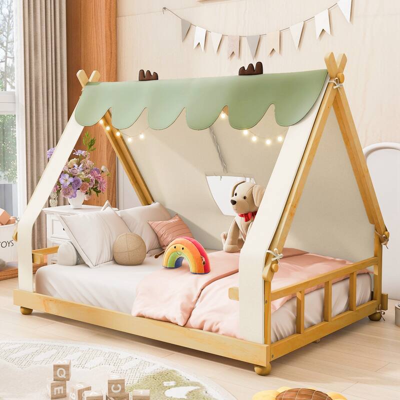 Full Size House Bed with Tent and Light - White