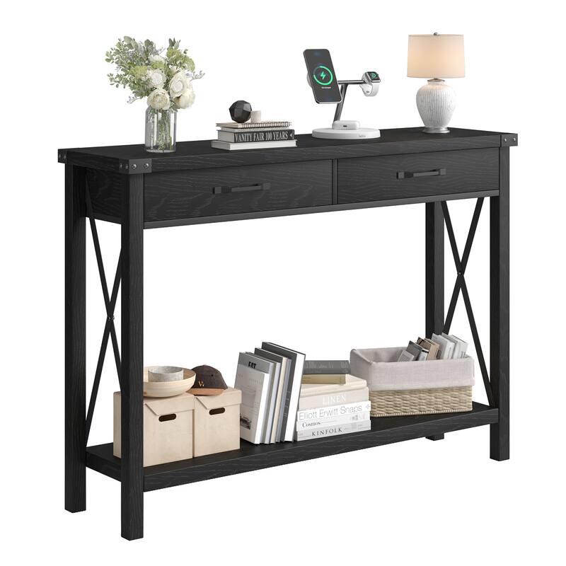 Console Table with 2 Drawers, Farmhouse Sofa Table with Storage Shelf, Accent Wood Entryway Table for Living Room