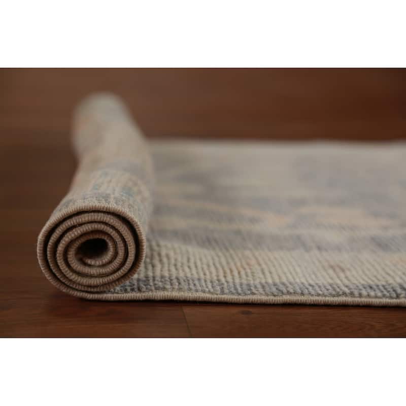 Hand Knotted Oriental 100% Wool Carpet Transitional Geometric Navy Blue & Blues Oushak Runner Rug - 9' 6'' X 2' 11''