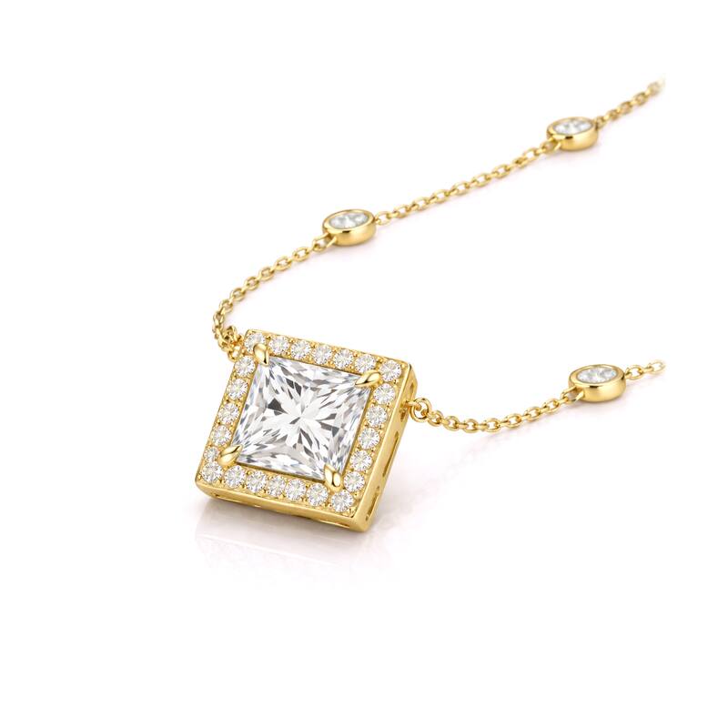 Auriya 14K Gold Lab Grown Princess Diamond Halo Pendant with Bezel Necklace 1.00 to 5.00 ct. tw. (F-G VS)