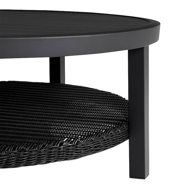 Grand Black Aluminum Slat Top Round Outdoor Coffee Table with Wicker Shelf
