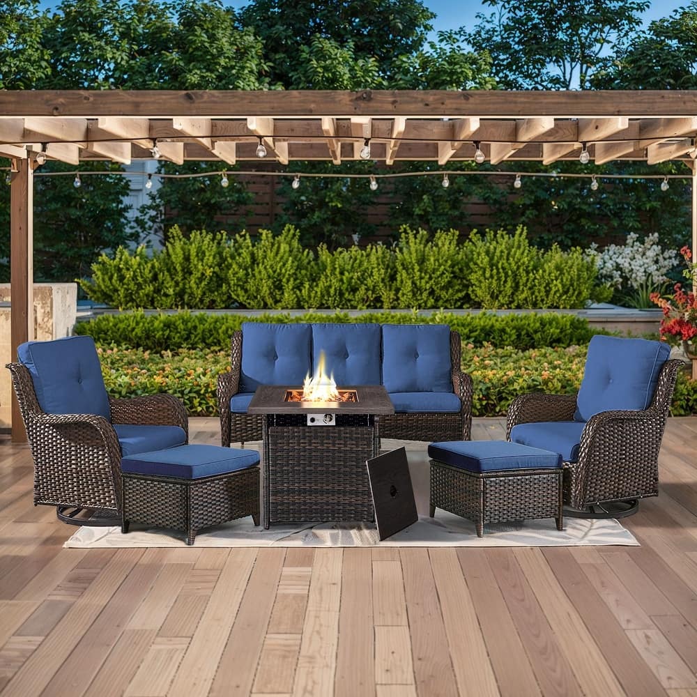 Gymojoy 6-Piece Outdoor Wicker Patio Furniture with Fire Pit Table, Rattan Coversation Set with Water Resistant Thick Cushions