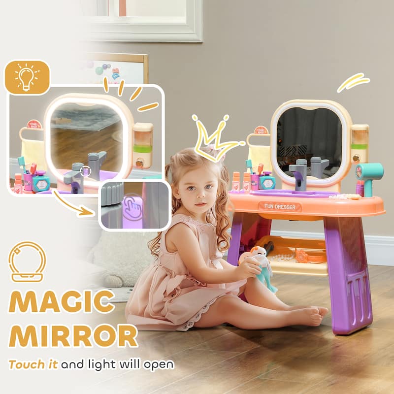 Kids Vanity Set with LED Mirror Interactive Sink and Music Faucet Pretend Play for Ages 3 to 6 - 21.7" L x 11.4" W x 28" H