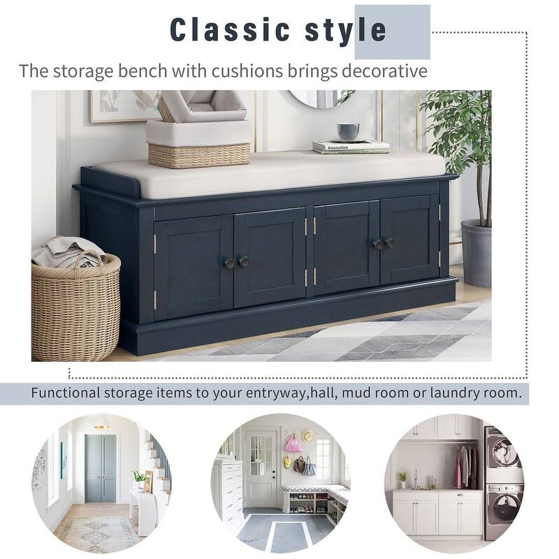 42.70" Modern Versatile Entry Upholstered Storage Bench with 4 Doors, Adjustable Shelves and Shoe Racks
