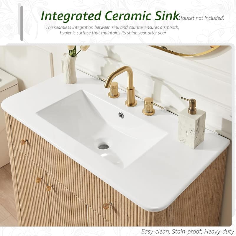 36" Modern Fluted Bathroom Vanity with Sink, Washstand for Kitchen