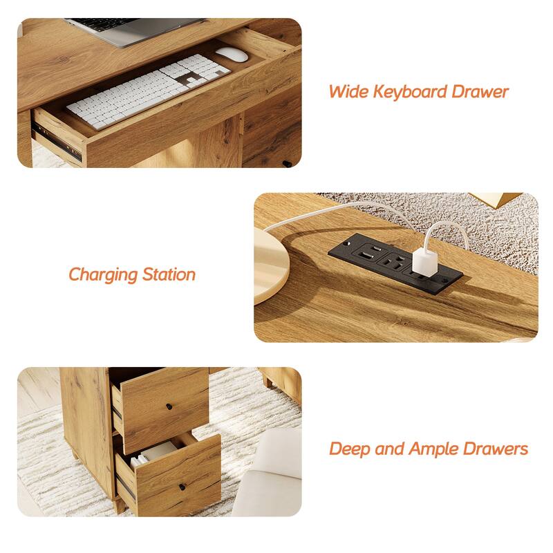 WAMPAT Home Office Furniture Set, 58" Executive Desk with Drawers, 3-Column 71" Tall Bookcase with Doors and Adjustable Shelves