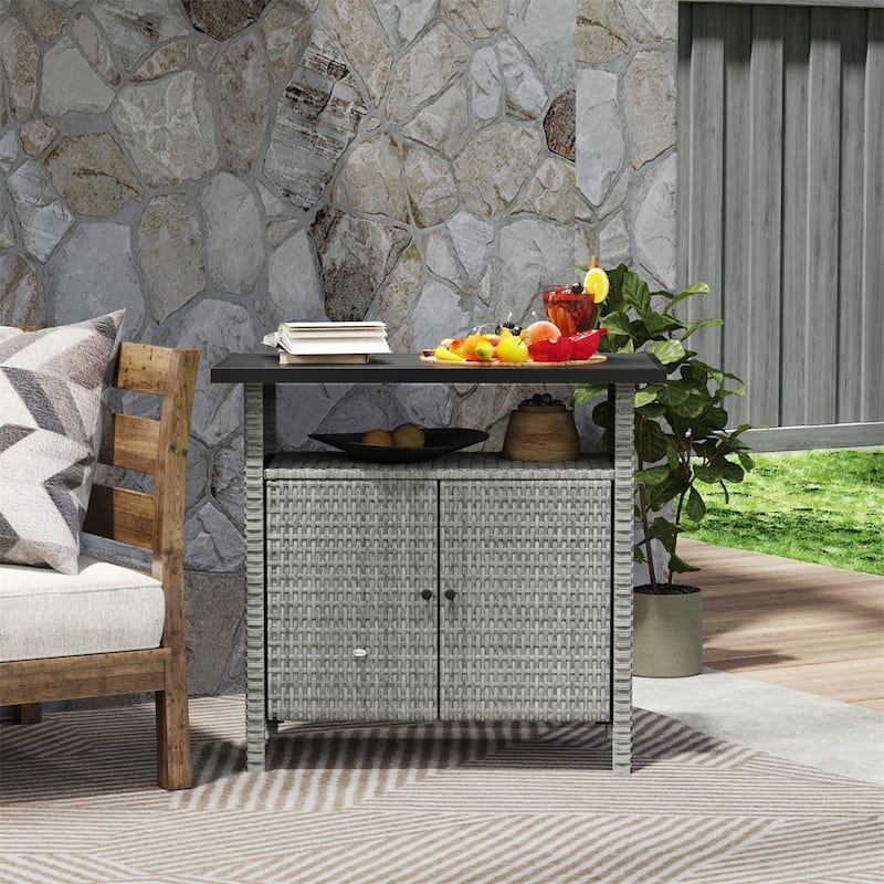 PE Rattan Outdoor Storage Cabinet with Tabletop and Open Shelf - 35.4" L x 20.9" W x 33.5" H