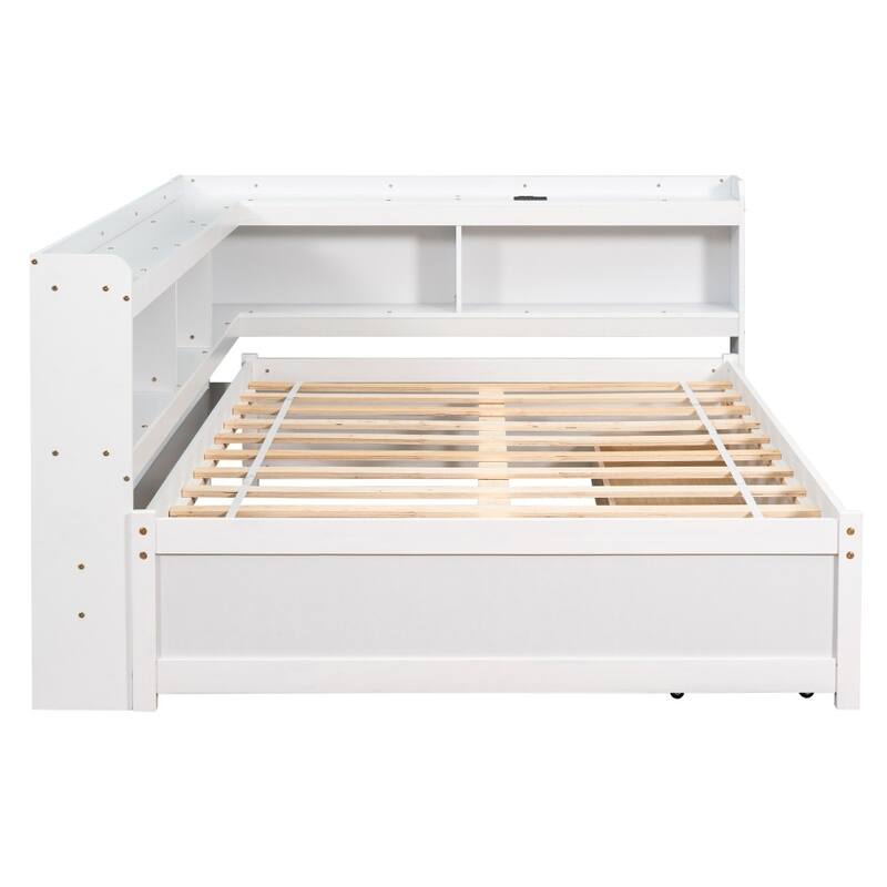 Full Size L-shaped Bookcases Bed with Power Outlets, USB Charging Ports and Two Drawers