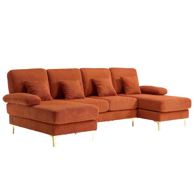 HOMEFUN Corduroy Upholstered U-shaped Adjustable Light Modular Sectional Sofa With Type-C and USB ports