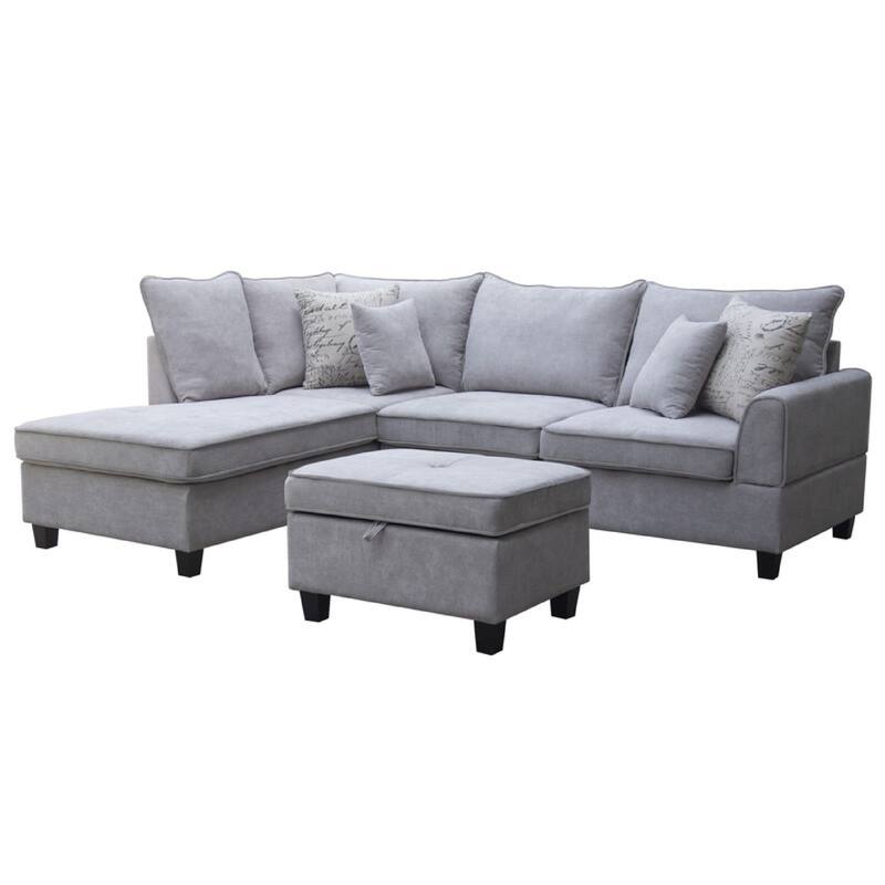 Kyna Sectional Sofa, 4 Pillows, Left Chaise, Storage Ottoman, Gray
