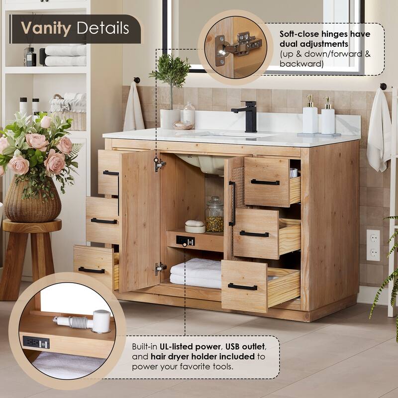 Floral Single Bathroom Vanity in Light Brown with Calacatta White Quartz Countertop without Mirror