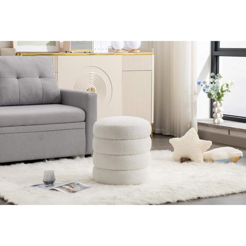 Soft Boucle Round Ottoman Footrest Stool - White
