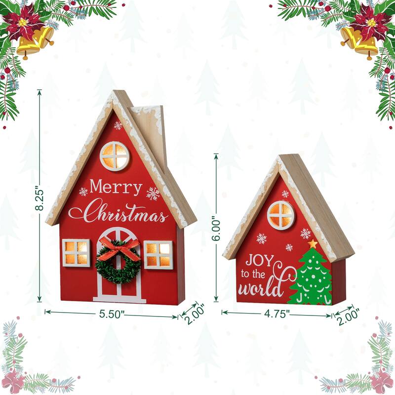 Glitzhome Set of 2 Christmas Lighted Wooden House Table decor