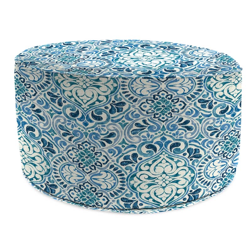 24" Round Blue Damask Round Outdoor Pouf Ottoman with Welt - 24"D x 13.5" H
