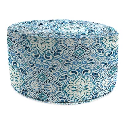 24" Round Blue Damask Round Outdoor Pouf Ottoman with Welt - 24"D x 13.5" H