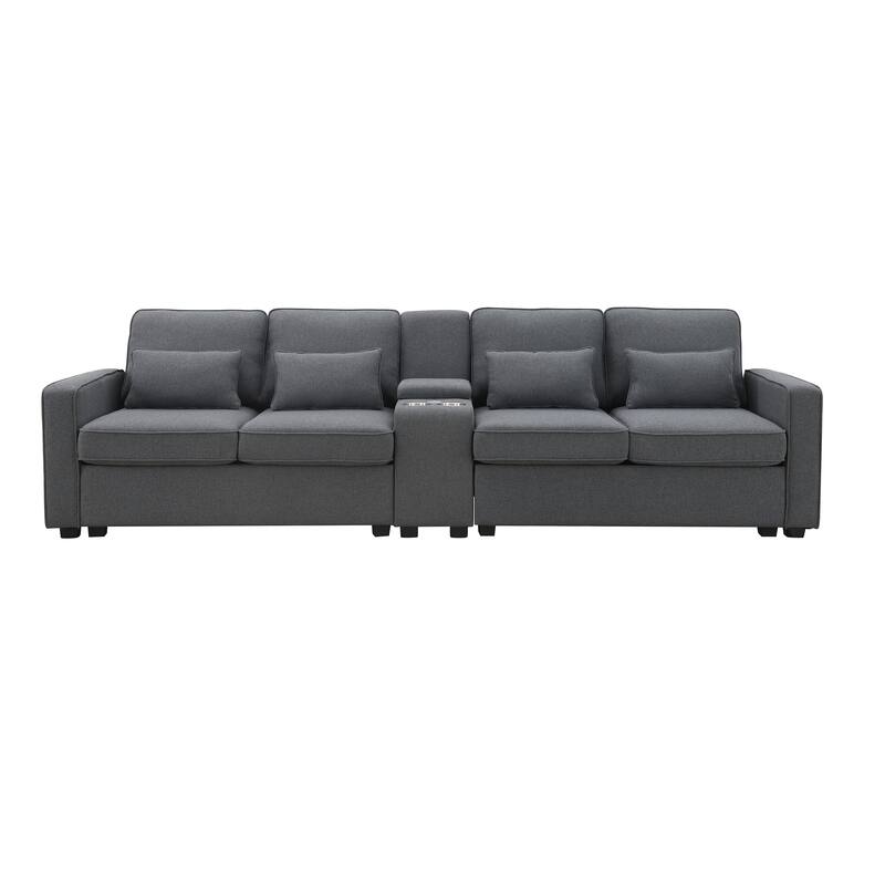 Linen Straight Row Sectional Sofa w4 Pillows, Console, Wired or Wirelessly Charged, Side Pockets, 2 Cupholders and 2 USB Ports