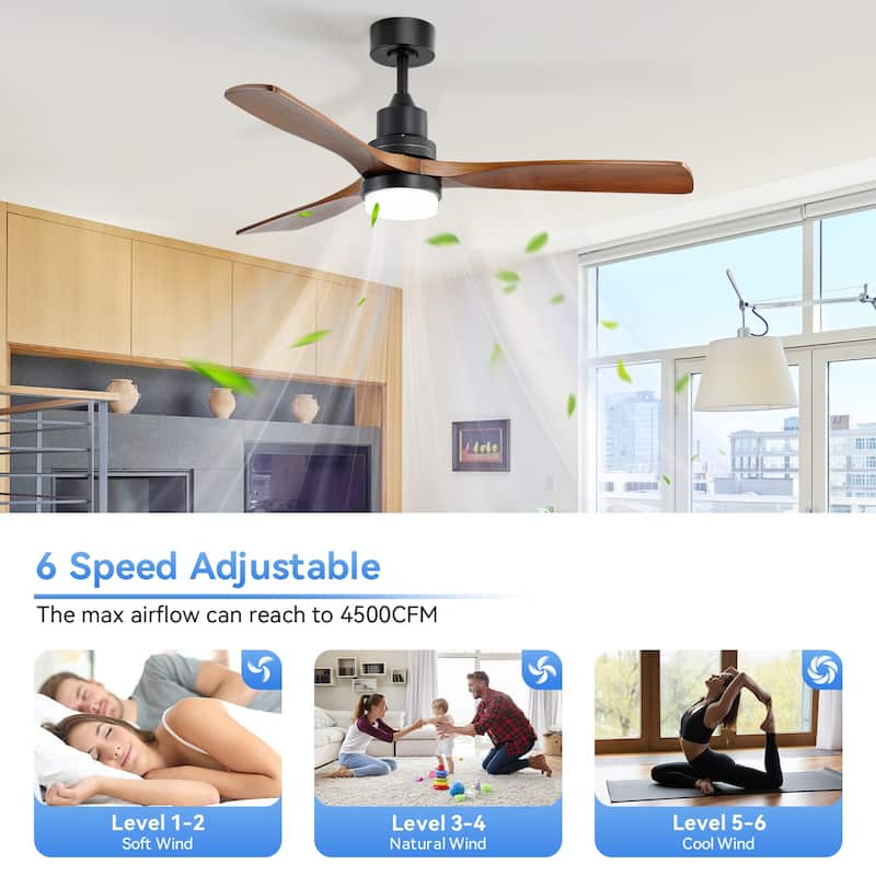 52" Solid Wood Noiseless 3-Blade Ceiling Fans with Dimmable LED Light Optional and Remote, 6-Speed Reversible DC Motor