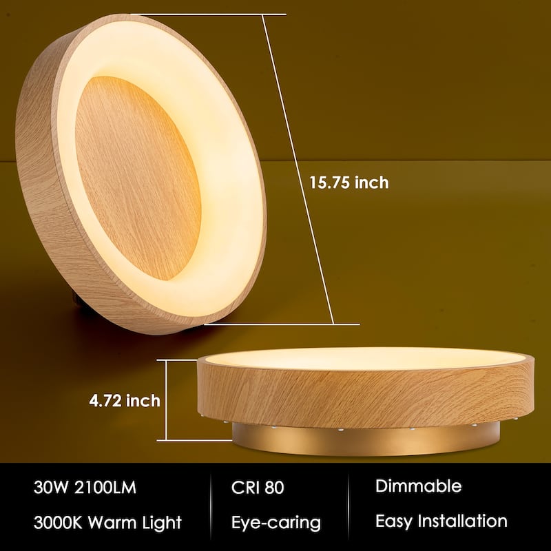 15.7 in. Farmhouse Traditional Metal Round Dome Dimmable Integrated LED 3000K Warm Light Flush Mount Lighting - Wood Grain