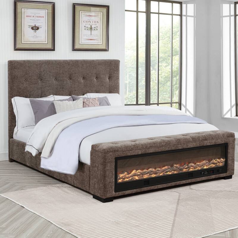 Best Master Furniture Sabine Luxe Modern Upholstered Tufted Grey Chenille Panel Bed with Integrated Fireplace Display