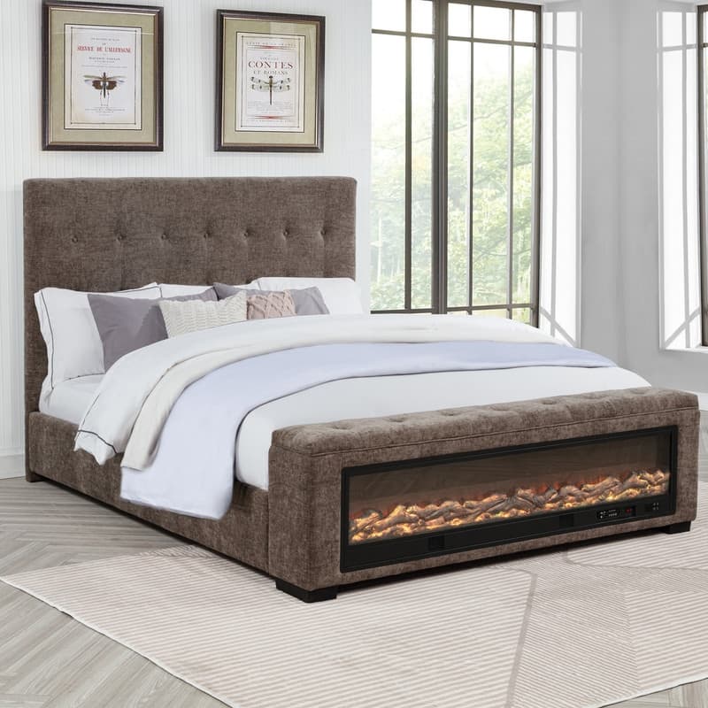 Best Master Furniture Sabine Luxe Modern Upholstered Tufted Grey Chenille Panel Bed with Integrated Fireplace Display