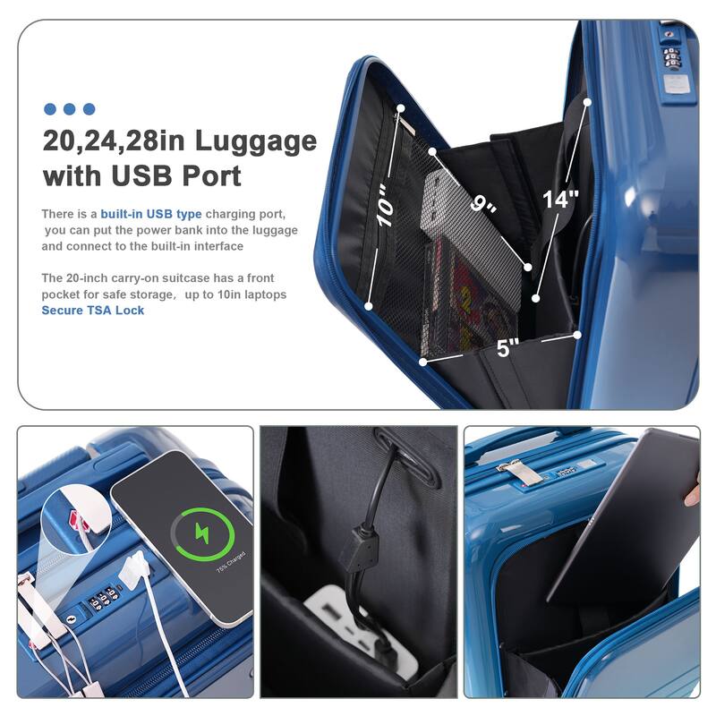Airline Approved 3-Piece Luggage Set with USB Charging Port, 360° Wheels, Expandable 20" 24" 28" Suitcases & Travel Bag